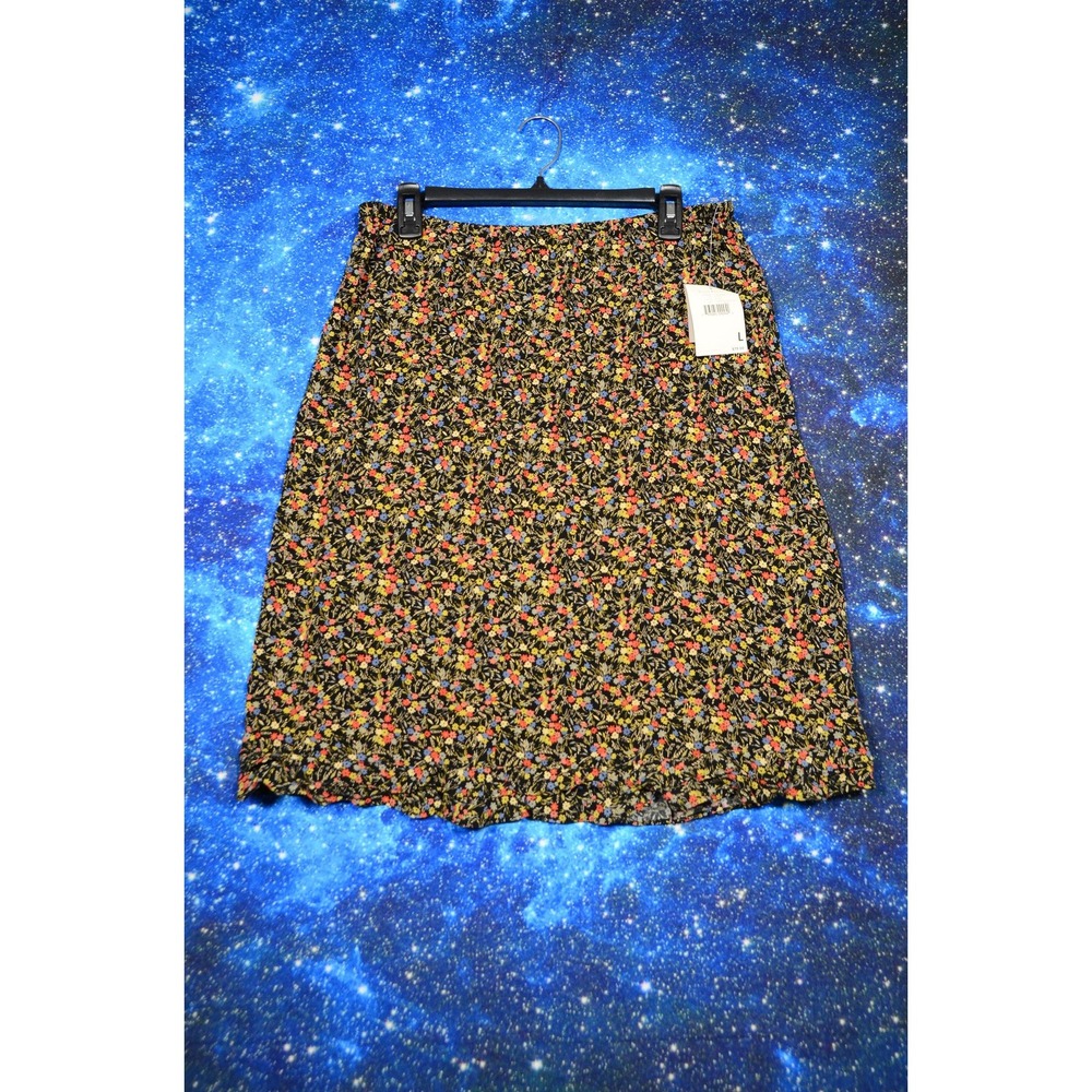Susan Bristol Skirt Womens Large Black Floral A-Line Ruffle‎ Hem Knee Length NWT